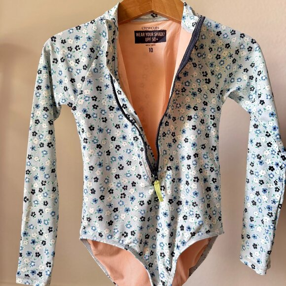 JCREW CREW CUTS SIZE 10 LONG SLEEVE RASH GAURD ONE PIECE SWIMSUIT BLUE FLORAL - Picture 3 of 12